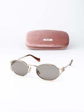 Miu Miu Women Sunglasses LOGO Pale Gold Grey Oval MU52YS ZVN80Q NEW AUTHENTIC